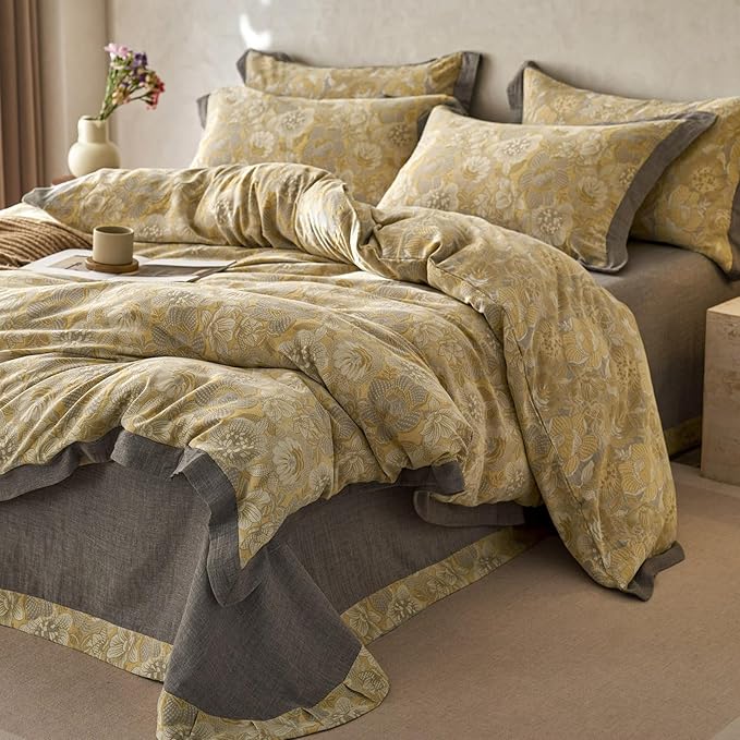 mixinni Duvet Cover Queen, Premium Cotton Double-Layer Yarn Golden Floral Jacquard Reversible Grey Comforter Cover with Edge Design, Farmhouse Bedding Set with 2 Pillowcases Perfect for Him and Her