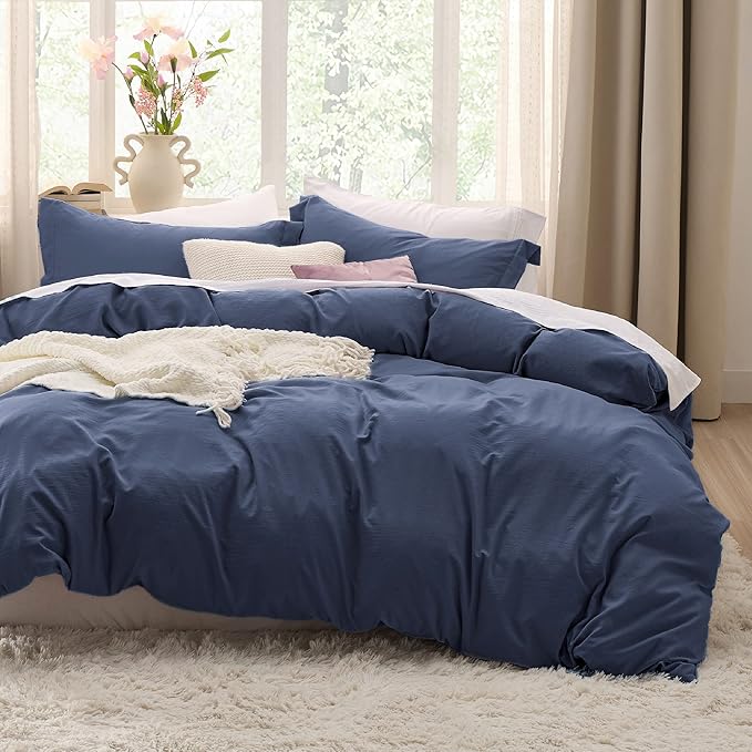 Bedsure Navy California King Duvet Cover - Prewashed Cotton-Like Extra Soft Bedding Set, Includes 1 Cal King Duvet Cover 104x98 Inches with Zipper Closure & 2 Pillow Shams, Comforter Not Included