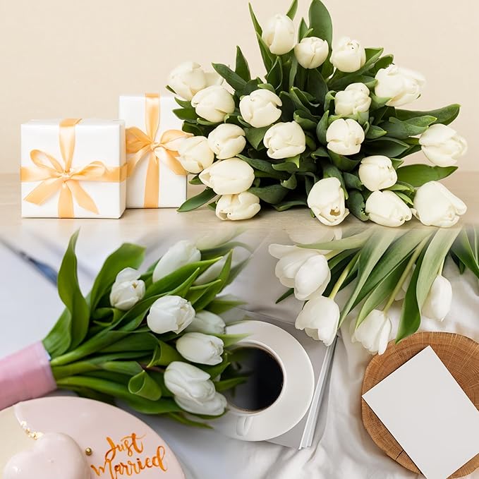 Sggvecsy 30 Pcs Fake Tulips Artificial Flowers Real Touch PU Faux Flowers Tulip Stems for Wedding Spring Bouquet Floral Arrangement Home Party Office Decorations for Mother's Day (Milk White)