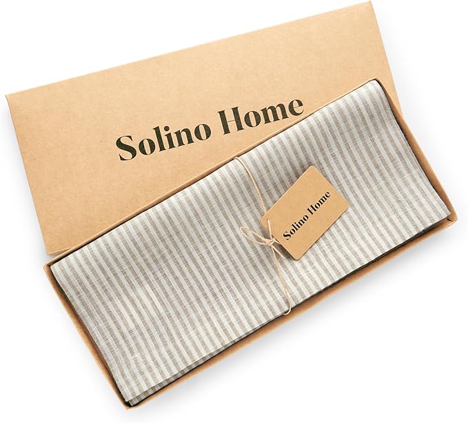 Solino Home Linen Table Runner 108 Inches Long - Narrow Stripe, 100% Pure Linen Natural and White Table Runner 14 x 108 Inch for Dining, Spring, Easter