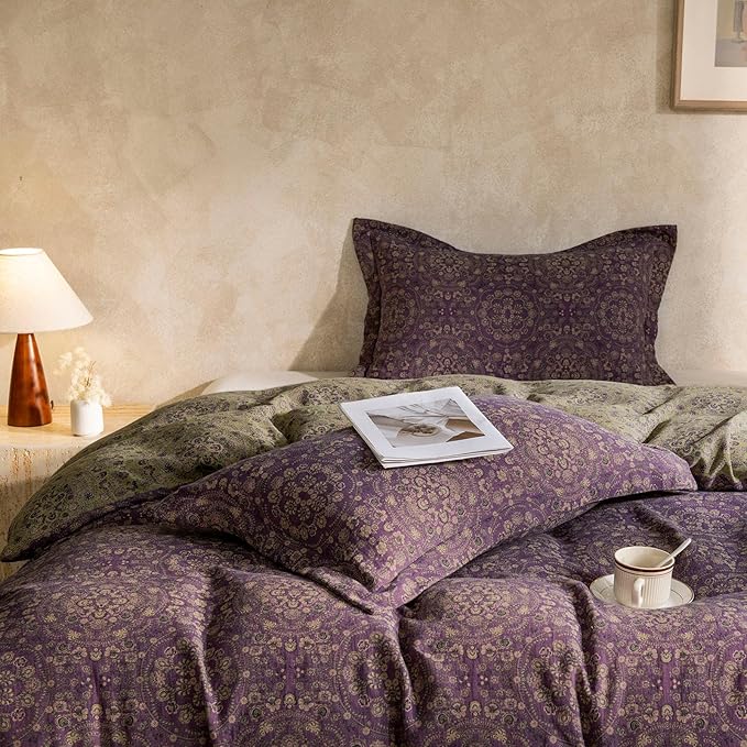 EAVD Soft 100% Cotton Muslin Yarn-Dyed Jacquard Textured Duvet Cover Queen Chic Shabby Purple Floral Duvet Cover with Zipper Closure Linen Like Gauze Floral Bedding Set with 2 Pillowcases