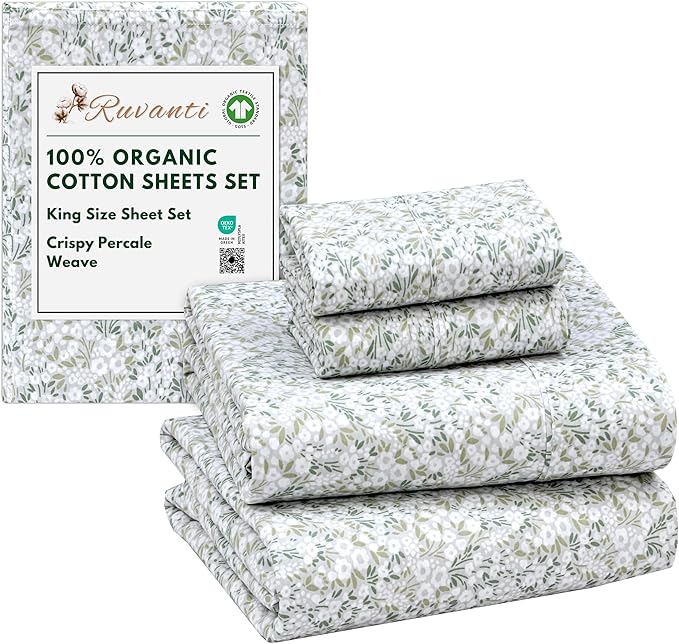 RUVANTI 100% Organic Cotton Sheets King Size, Percale Weave, GOTS Certified, 4-Piece Set, Deep Pocket 15", Crisp & Breathable, Soft Durable Bedding, Sábanas Algodón Orgánico – Floral Rush