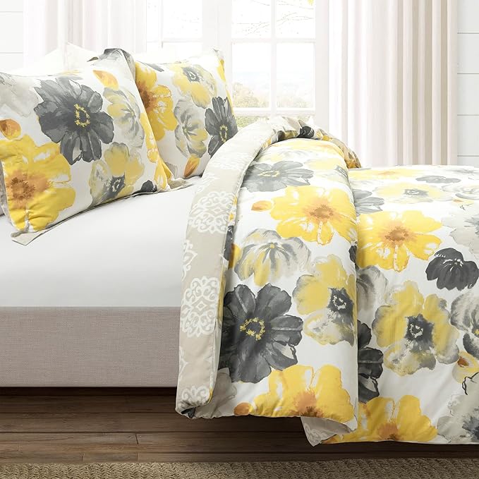 Lush Decor Leah Reversible 100% Cotton Duvet Cover Set, 3 Piece Set, King, Yellow & Gray - King Bedding Set - Yellow Duvet Cover - Country Floral Decor