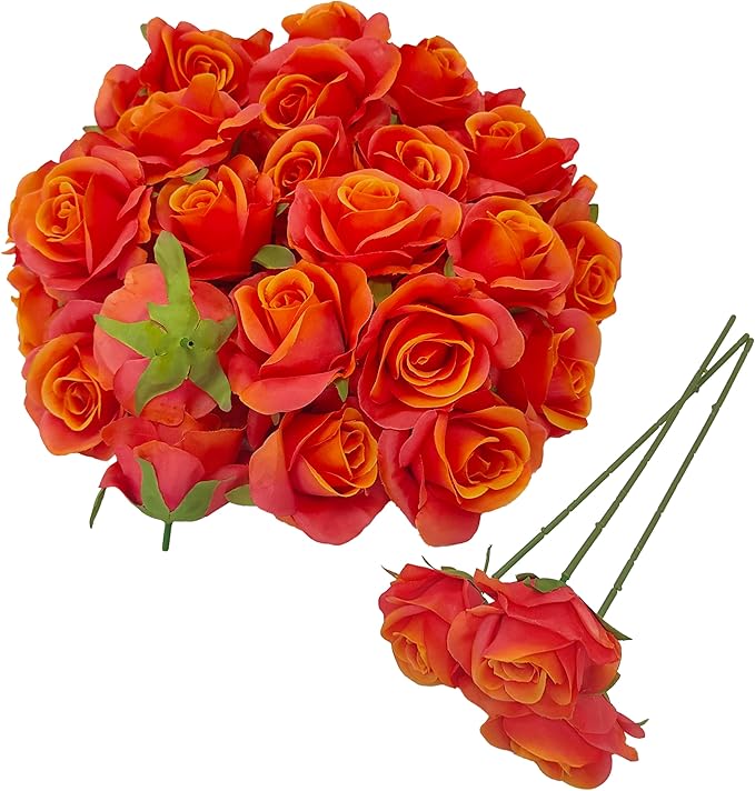 Artificial Satin Sunset Red Rose Flower Heads,42 Pcs Orange Red Silk Rose Heads with Stems,3.5'' Rose Artificial Flowers Bulk,Artificial Rose Flower Heads for DIY Crafts Bouquet (42, Sunset red)