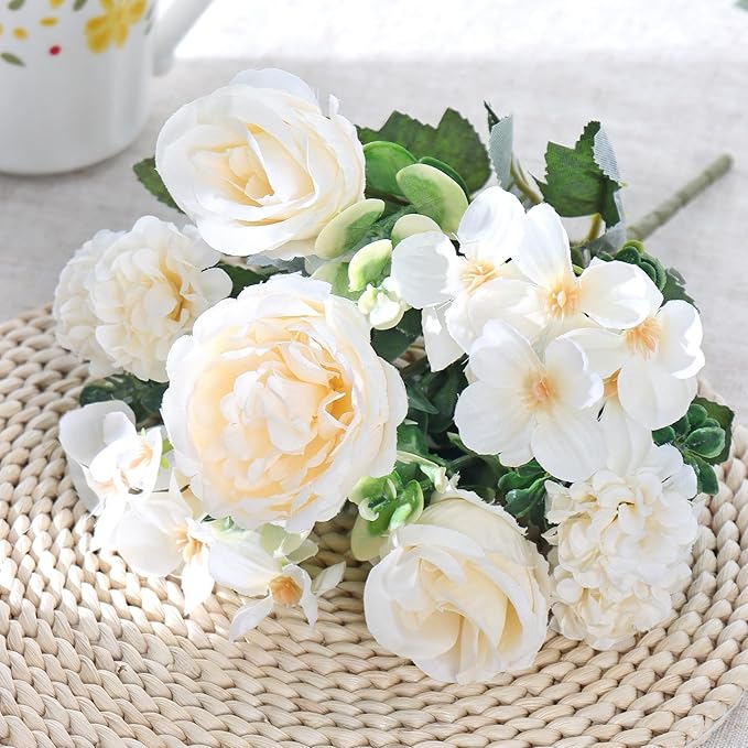 2 Bundles White Peonies Artificial Flowers Silk Flower Centerpieces for Tables Fake Flower Arrangements Bouquets Mixed Roses Hydrangea with Stems for Wedding Bridal Bouquets Home Table Decor