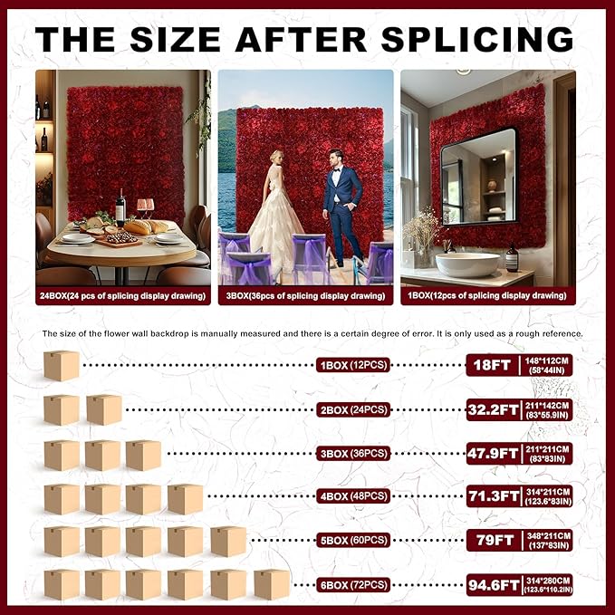 Flower Wall Panel 12 pcs 16.5x16.5 Inch Floral Wall Backdrop Artificial Silk Rose Wall Decor Ideal for Wedding Celebrations, Festive Party Backdrops, and Home Decor-Maroon