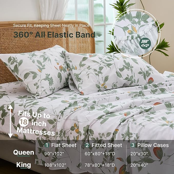 100% Cotton Sheets Set Queen Size – 4 Pieces Luxury Breathable Percale Cotton Bedding with Deep Pockets, Crisp Cool Feeling, Soft&Durable, Refined Botanical Elegance, Green Floral Bed Sheets