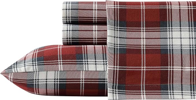 Eddie Bauer - Twin Bed Sheets, Cotton Flannel Bedding Set with Matching Pillowcase, Brushed for Extra Softness, Deep Pocket, Oeko-Tex Certified (Heartland Plaid Red)