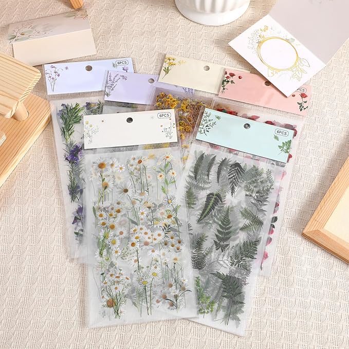 DOITOOL Pet Flower Stickers with Vintage Floral Designs Transparent Adhesive Planner Stickers for Scrapbooking Journaling and DIY Crafts and Fade-Resistant Decorative Decals