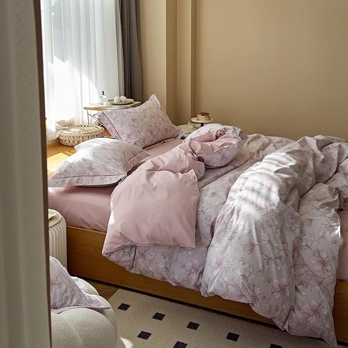 AOJIM Pink Floral Printed Duvet Cover Set for Kids Adults, Soft 100% Cotton Comforter Cover Set 3pcs, 1 Aesthetic Gardenia Quilt Cover King Size and 2 Matching Pillowcases for Room Decor, No Quilt