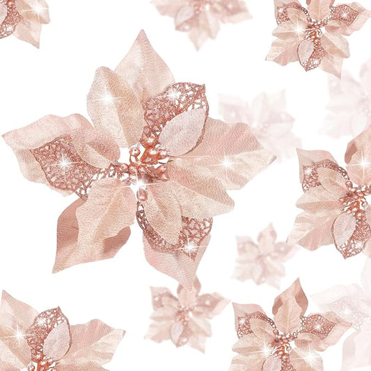 WILLBOND 36 Pieces Christmas Poinsettia Glitter Faux Flowers Christmas Artificial Flowers Tree Ornaments Topper Xmas Decorations(Rose Gold)