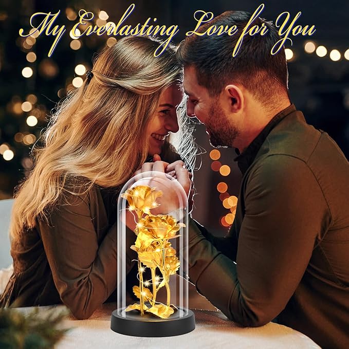 Glass Rose Flower for Women, Birthday Gifts for Women,Rose Flower Gifts for Mom, Red Light Up Rose in A Glass Dome,Rose Gifts for Mom Her Christmas, Anniversary, Wedding, Valentines (Gold)
