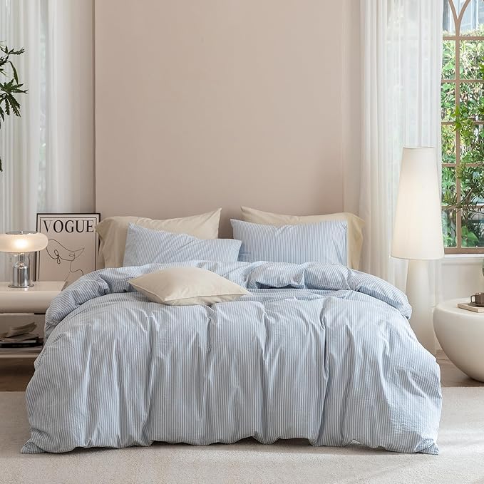 JIYUAN 100% Washed Cotton Striped Duvet Cover Set 3 Pieces King, 1 Duvet Cover and 2 Pillowcases(Comforter Not Included),Linen Like Comfy and Breathable,Pinstripes - Heathered Cornflower Blue White