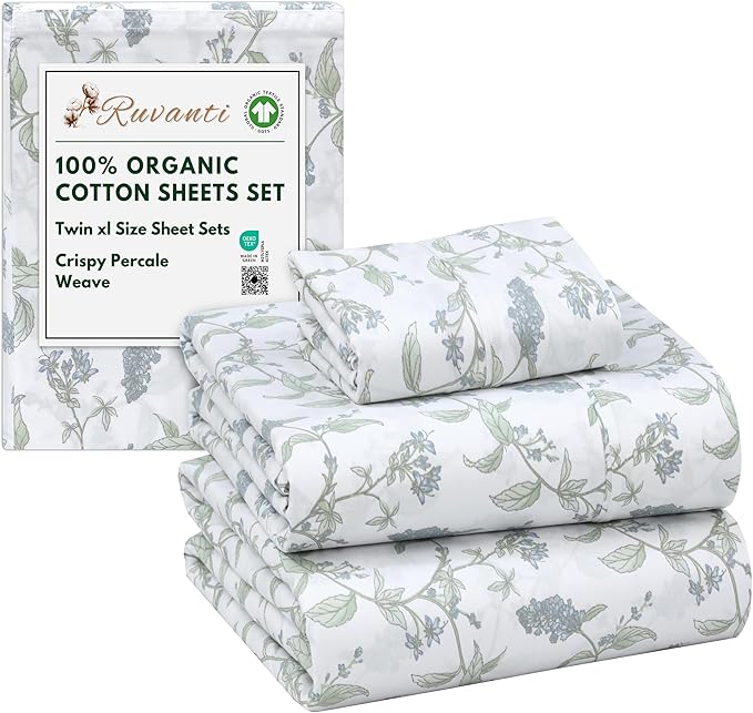 RUVANTI 100% Organic Cotton Sheets Twin XL, Percale Weave, GOTS Certified, 3-Piece Set, Deep Pocket 15", Crisp & Breathable, Soft Durable Bedding, Sábanas Algodón Orgánico – Vine Yard