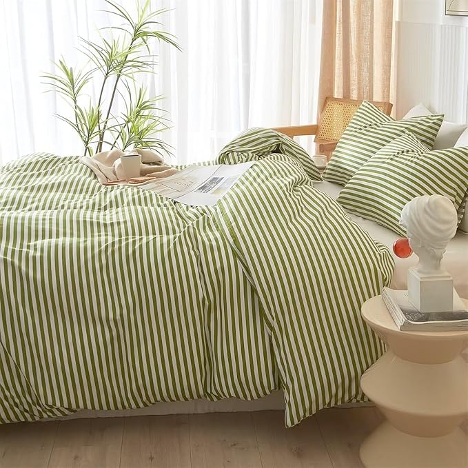 Full Comforter Set 3 Pieces Striped Comforter Set Green White Stripes Pattern Comforter with 2 Pillowcases Modern Style Lightweight Boho Bedding Comforter Geometric Striped Fluffy Comforter Set