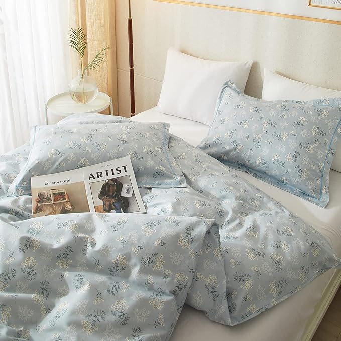 EAVD Boho Floral Duvet Cover King Soft Cotton Floral Blue Duvet Cover with 2 Pillowcases Chic Shabby Garden Flower Bedding Set Reversible Garden Floral Comforter Cover with Zipper Closure