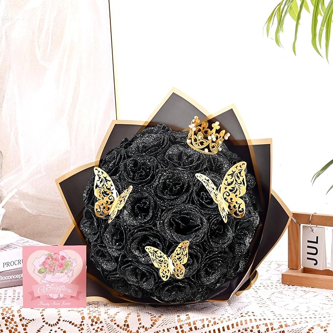 Waipfaru Glitter Roses Bouquet, DIY Fake Flowers Bouquet, Birthday Gifts for Women Mom, 24 Pcs Black Rose for Grandma Wife Girlfriend Valentines, Mothers Day, Anniversary, Graduation
