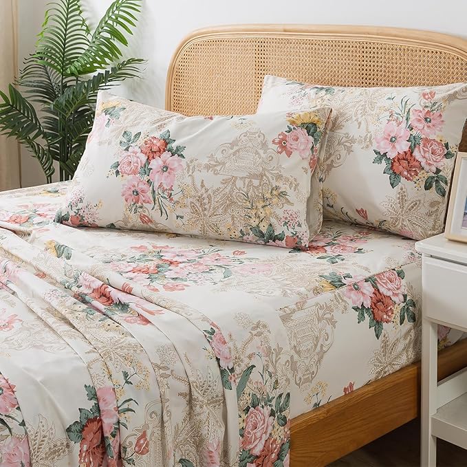 Zusbest- California Sheets, Soft 100% Cotton Pink & Cream Floral Bed Sheet Set Shabby Vintage Chic Peony Flower Printed, Breathable Luxury Toile Bedding 4 Piece Deep Pocket Sheets Cal King