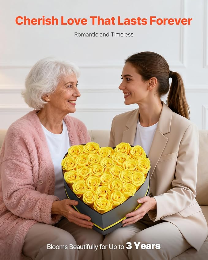 VEVOR Forever Flowers, 27 Preserved Roses in a Heart Shape Box, Eternal Flowers Immortal Bouquet Birthday Present for Women Her Wife Mothers, Anniversary, Valentine's Day,Christmas, Yellow