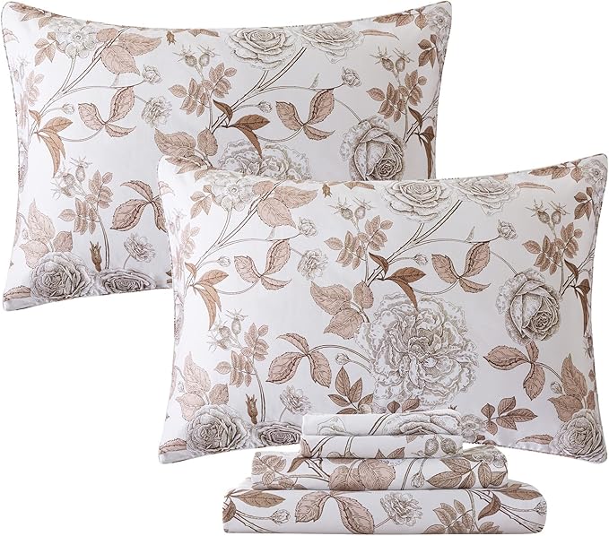 FADFAY Sheets Set King Vintage White and Brown Floral Bedding Elegant Peony Sheets Set Shabby Rose Farmhouse Bedding 100% Egyptian Cotton 800 Thread Count Deep Pocket Fitted Sheet 4Pcs, King Size