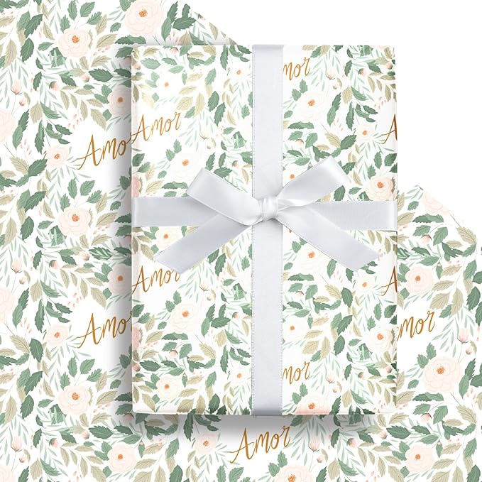 LeZakaa Flower & Love Wrapping Paper Roll, Amor (love in Spanish) Text & Floral Rose Design Gift Wrap for Mother's Day, Wedding, Anniversary, Valentine’S Day, Mini Roll, 17 inches x 16.4 Feet