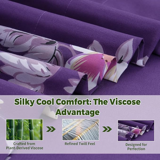 Bedlifes Extra Deep Pocket 18-24" King 4-Piece Sheet Set - Cooling Sheets Blend Rayon Derived from Bamboo Soft & Breathable,Featuring Dark Purple Floral