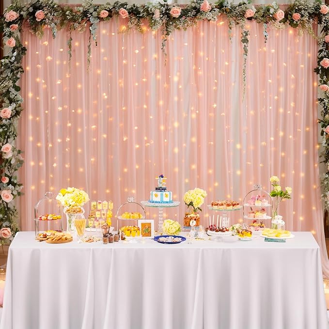 10x10ft Peach Tulle Backdrop Curtain with Lights String for Parites, Sheer Backdrop Curtains for Wedding Baby Shower Birthday Party Photo Shoot Decorations