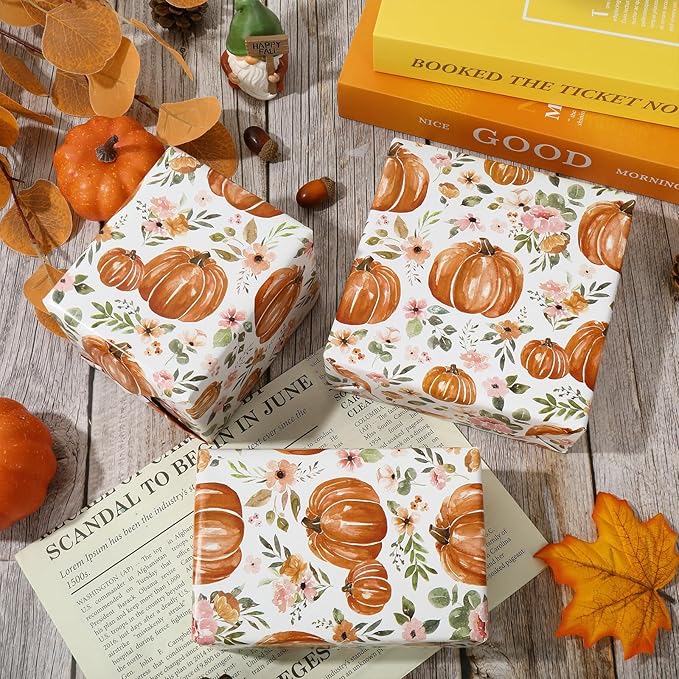 JarThenaAMCS Fall Wrapping Paper Roll 17 In x 32.8Ft Floral Pumpkin Gift Wrap Paper Watercolor Autumn Flower Decorative Art Paper for Thanksgiving Harvest