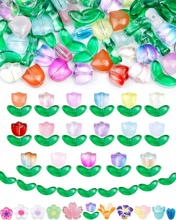 FIVEIZERO 340PCS Glass Tulip Flower Beads, 17 Colors Crystal Floral Bead Charms for Bracelets, Necklaces & DIY Jewelry Making Crafts