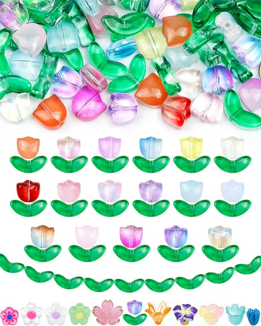 FIVEIZERO 340PCS Glass Tulip Flower Beads, 17 Colors Crystal Floral Bead Charms for Bracelets, Necklaces & DIY Jewelry Making Crafts