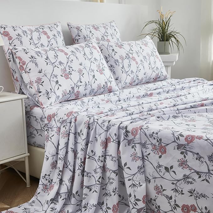 FADFAY Sheets Set Queen Rustic Bird Floral Bed Sheets Set Vintage Botanical Bedding Shabby Branches Leaves Bedding Collections 100% Egyptian Cotton Breathable Soft 17.7" Deep Pocket 4Pcs, Queen Size