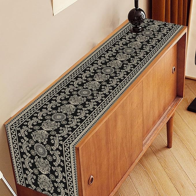 Black Paisley Table Runner, Retro Damask Boho Floral Print Linen Table Center Decor Family Kitchen Outdoor Farmhouse Holiday Party Table Decorations 13x90 inch