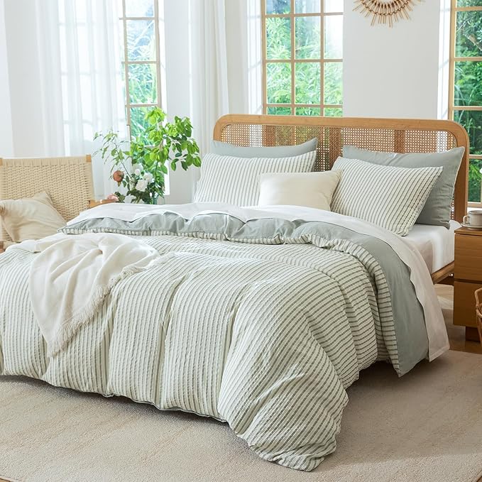 Striped Duvet Cover King Washed Microfiber Jacquard 3 Pieces Bedding Set, White Grayish Green Vertical Ticking Stripes Pattern Comforter Cover with Zipper Closure Breathable Durable Soft Comfy