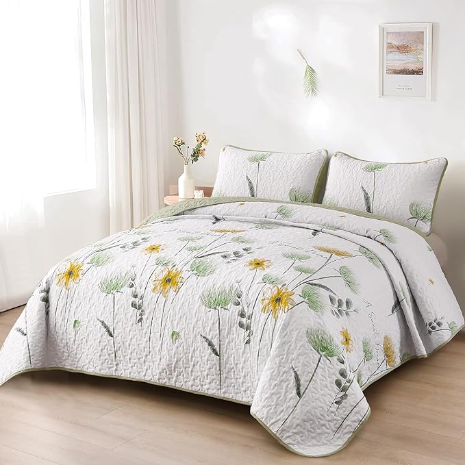 Dinjoy Quilt Set Full Size Yellow Green, Floral Bedspreads 3 Pieces Reversible Quilts Bedding Set Microfiber Lightweight Bedspread Coverlet Farmhouse Set for Women Girls 78"x90"