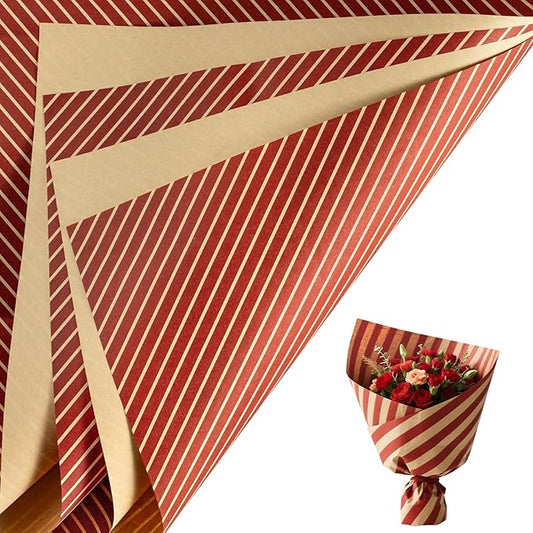 LeZakaa 20 Sheets Kraft Stripe Flower Wrapping Paper, Red Diagonal Stripes Floral Bouquet Paper for Christmas, Valentines, Mothers Day, Party, Birthday, Wedding, Baby Shower
