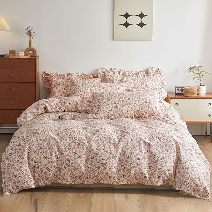 HighBuy Ruffle Lace Comforter Set Queen Pink Floral Bedding Comforter Set Queen for Teen Girl Pink Floral Comforter Sets,Smooth Soft Boho Floral Comforter Sets with 2 Pillowcases