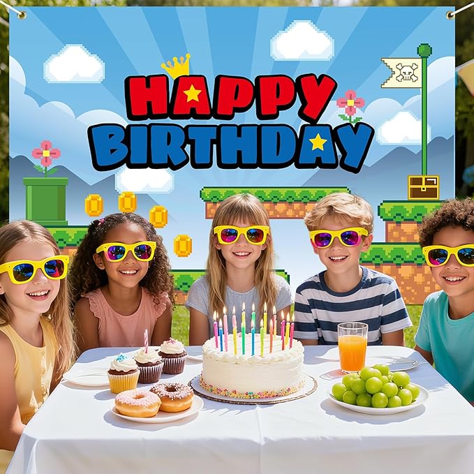 Cartoon Happy Birthday Backdrop, 150 * 100cm/5 * 3ft Video Game Themed Birthday Banner Cute Wall Hanging Decoration for Party Celebration Supplies