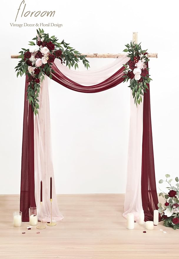 Floroom Arch Flowers with Drapes Kit (Pack of 4) - 2pcs Artificial Burgundy & Blush Floral Swag Arrangement with 2pcs Draping Fabric for Wedding Ceremony Arbor and Reception Backdrop Decoration