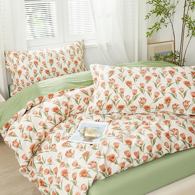 SAPHREAS Red Tulips Floral Green Leaves Duvet Cover Set Twin Size 2pcs Soft Cozy Garden Style Bedding Comforter Cover Set 100% Cotton 1 Duvet Cover 68"x90" 1 Pillow Sham, Comforter Not Included