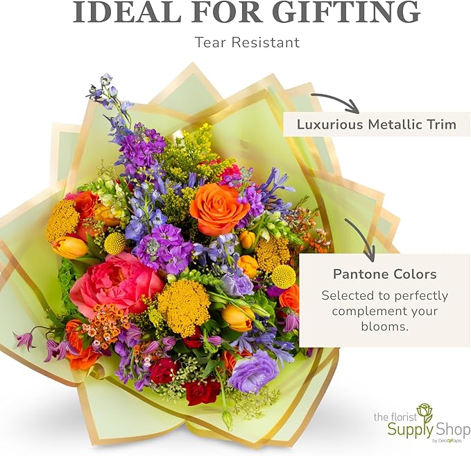 the florist Supply 20 Sheets Premium Flower Wrapping Paper | Waterproof Flower Wrapping Paper for Bouquets | Double Sided Floral Bouquet Sheets | DIY Gifts Borderline Green/Gold