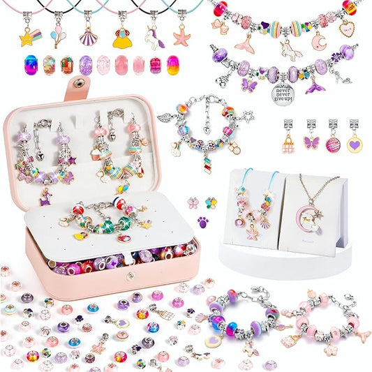 YJK Charm Bracelet Making Kit, 5-12 Year Old Girl Birthday Gifts, 133 Pcs DIY Beaded Jewelry Making Kit with Jewelry Box, Creative Crafts for Girls, Charm Necklace Making kit for Girls (Purple & Pink)