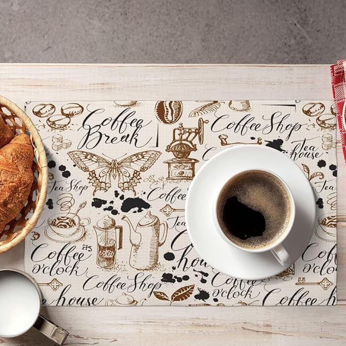 Coffee Theme Linen Placemats Set of 4 Vintage Coffee Cup Table Mats Heat Resistant Place Mats for Home Party Kitchen Dining Decoration 12x18 Inch