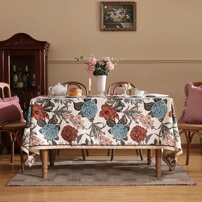 French Linen Tablecloth for Rectangle Table,Red and Blue Floral Durable Extra Long Tablecloths,Decor Table Cover for Kitchen,Dining,Thanksgiving,Farmhouse,63" × 110"-Burgundyred
