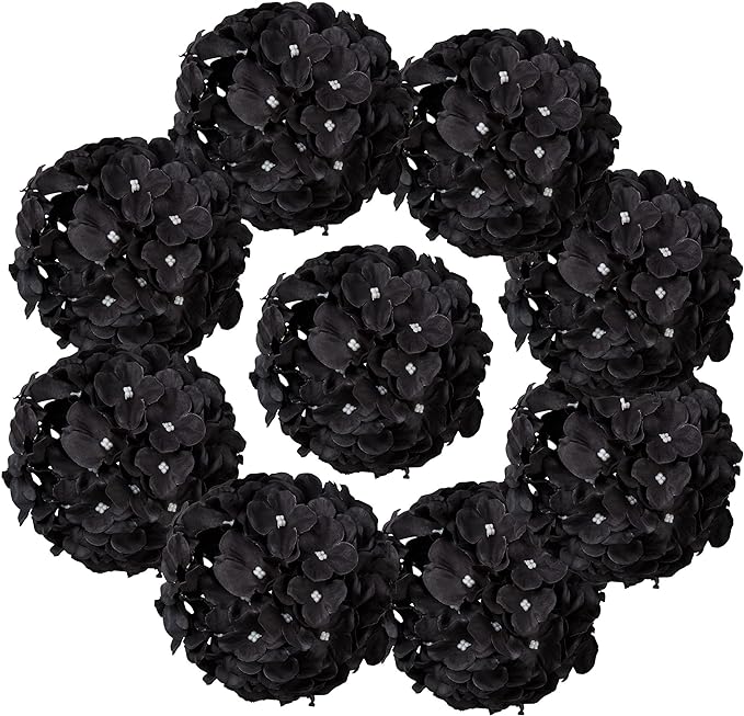 Flojery Black Silk Hydrangea Heads Artificial Flowers Heads with Stems for Home Wedding Decor,Pack of 10(Black)