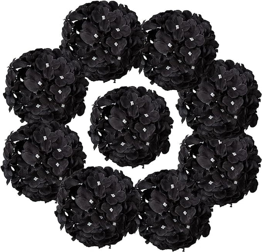 Flojery Black Silk Hydrangea Heads Artificial Flowers Heads with Stems for Home Wedding Decor,Pack of 10(Black)
