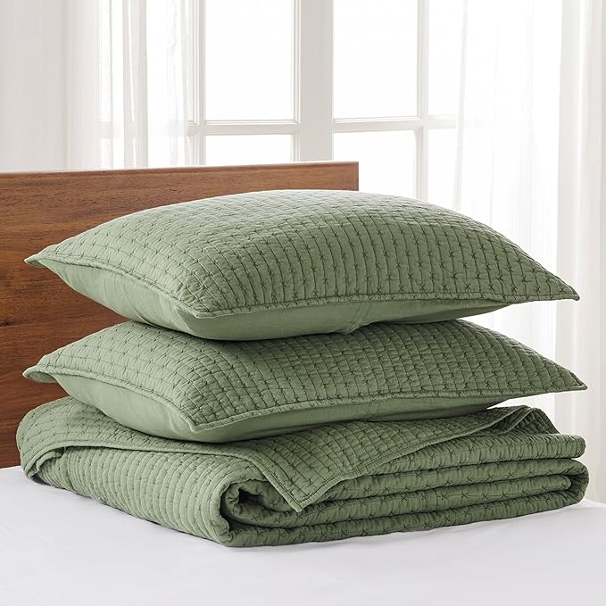 Levtex Home Cross Stitch Reversible Full Bedspread Set (100x104in) with 2 Pillow Shams (26x20in) - Stitch Texture - Forest Green - Cotton Full Size Bedspread Set - Lightweight, Soft, Pre-Washed