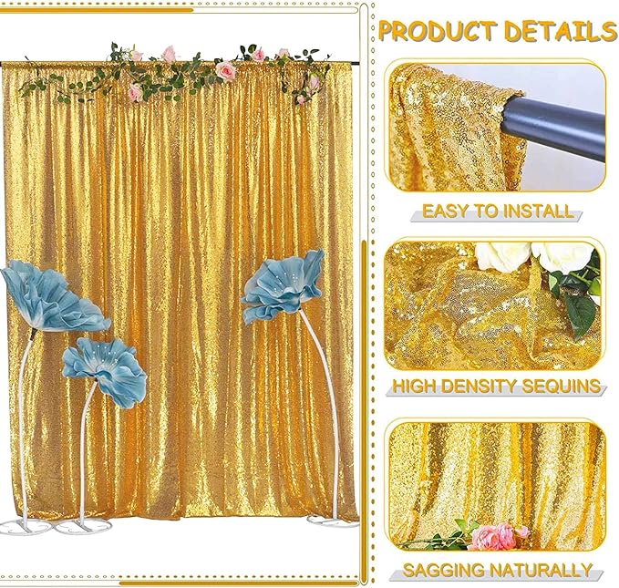 Gold Sequin Backdrop Curtains 4FT x 8FT 2 Panels Glitter Curtain Backdrop Sparkly Photography Background Drapes for Wedding Bridal Shower Christmas Festival Birthday
