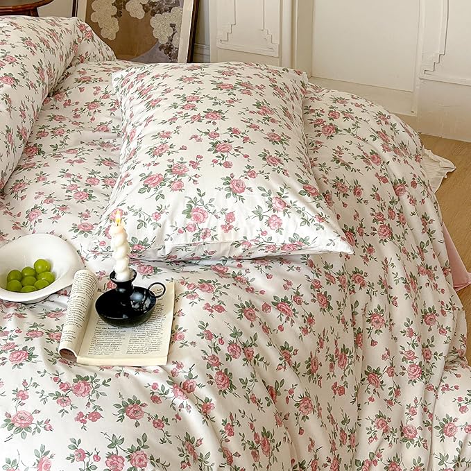 VM VOUGEMARKET Pink Floral Duvet Cover Queen 3 Pieces Cotton Girls Cottagecore Bedding Set,Peach Flower Comforter Cover with Zipper Closure,Vintage Country Bedding 90x90