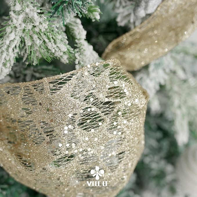 MEEDEE 6 Inch Wide Wired Ribbon Champagne Gold Glitter Mesh Web Wired Edge Ribbon by 10 Yards Roll Champagne Mesh Wired Ribbons for Christmas Tree, Garland, Wreaths, Bows, Centerpiece, Gift Wrapping