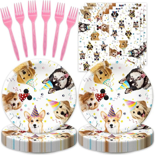 48Pcs Cute Dog Birthday Party Decorations Tableware Inculde Plates Napkins Forks for Birthday Pet Party and more party Serve 16 Guests